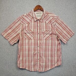 Levi's Red Cream Plaid Cowboy Western Work Pearl Snap Shirt Men's Sz XXL